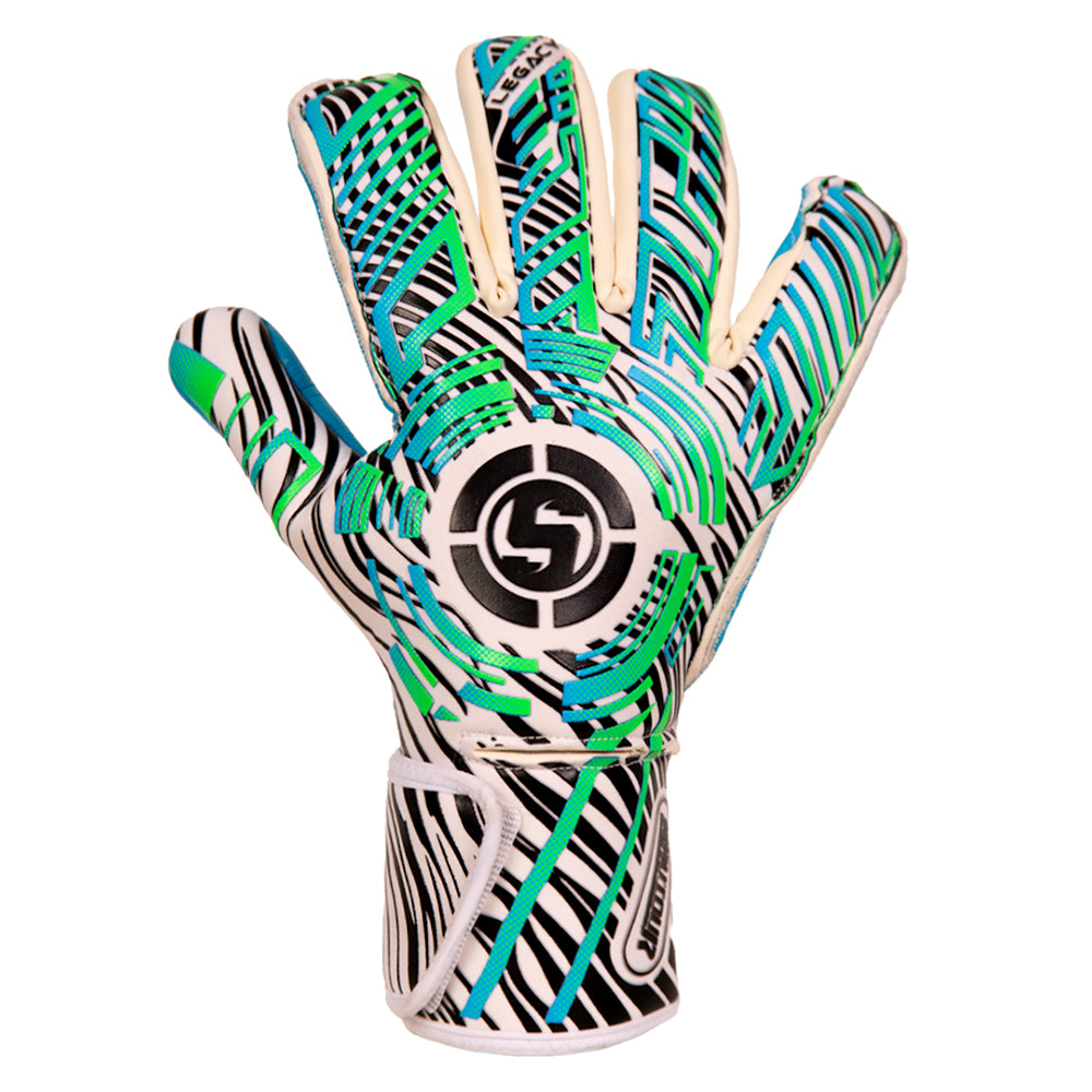 Close-up of junior goalkeeper gloves with finger protection in vibrant blue/green colour with Aqua Grip. Get finger protection goalkeeper gloves at SAVIOUR GK