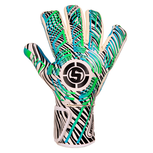 Close-up of junior goalkeeper gloves with finger protection in vibrant blue/green colour with Aqua Grip. Get finger protection goalkeeper gloves at SAVIOUR GK