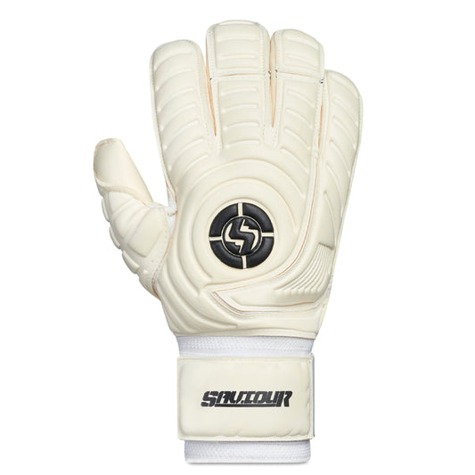 A white goalkeeper glove with black and white logo details, featuring the brand name 'SAVIOUR' printed on the wrist strap, set against a plain white background.