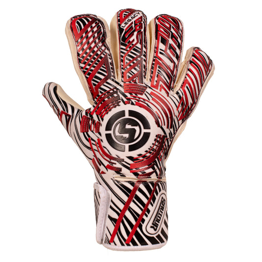A goalkeeper glove with a white, black, and red patterned design, featuring a black circular logo on the back of the hand and the brand name 'SAVIOUR' on the wrist strap.