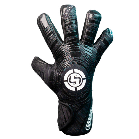 childrens black goalie gloves with a white SAVIOUR logo on a white background