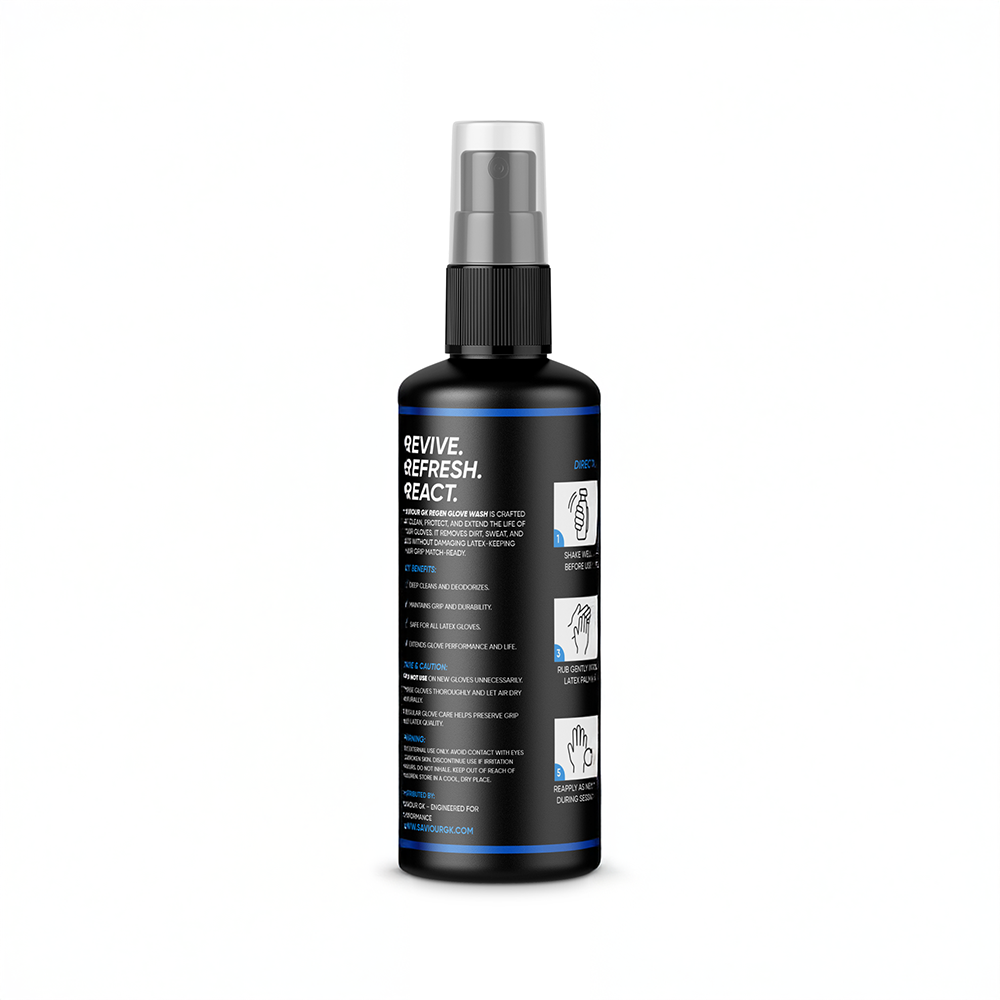 A black spray bottle of goalie glove wash Revive & Refresh React horse grooming product, shown from the back label side on a white background.