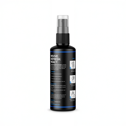 A black spray bottle of goalie glove wash Revive & Refresh React horse grooming product, shown from the back label side on a white background.