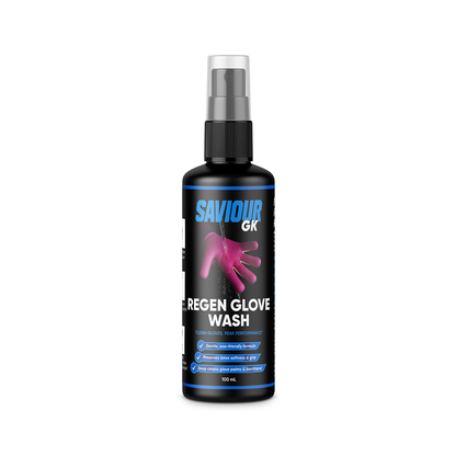 A 100 mL bottle of Saviour GK Regen Glove Wash with a black body, blue and white text, and a pink glove graphic on a white background.