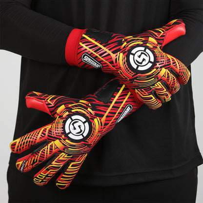 Hands wearing Adult Removable Strapless Goalkeeper Gloves, demonstrating the tight negative cut fit and flexibility.