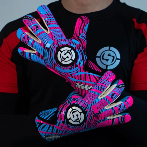 Saviour GK's Modern Junior Goalkeeper Gloves in Dynamic Blue and Pink - Soccer Keeper Gloves. Elevate Your Goalkeeping Game.