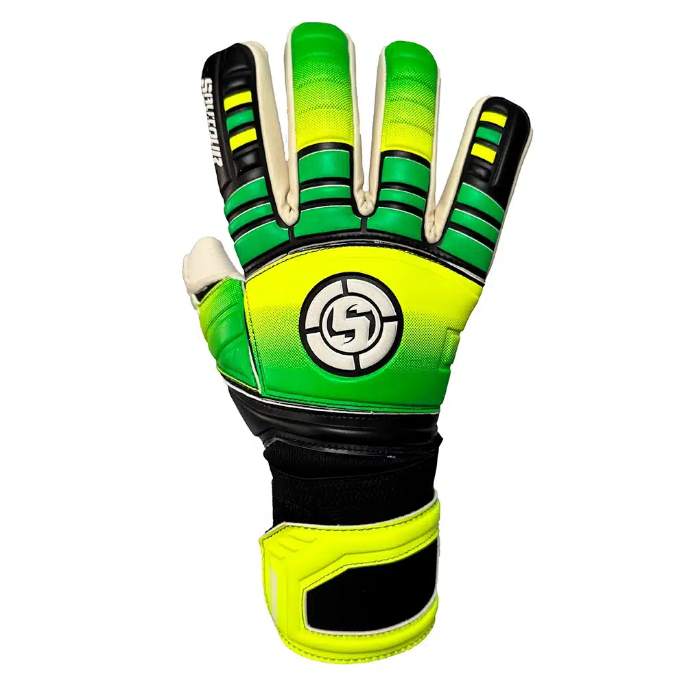 GK gloves with snug negative cut, pro latex grip, and secure wrist strap on a young goalkeeper’s hands during training.