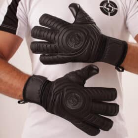 Sleek black goalkeeper gloves with pro latex grip and ergonomic fit.