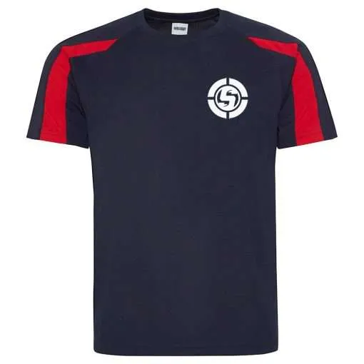 A black and red SAVIOUR GK Performance T-Shirt showcasing SwiftDry AeroMesh Technology for superior moisture management.