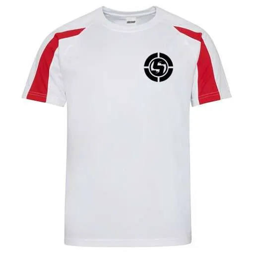 A white and red SAVIOUR GK Performance T-Shirt showcasing SwiftDry AeroMesh Technology for superior moisture management.