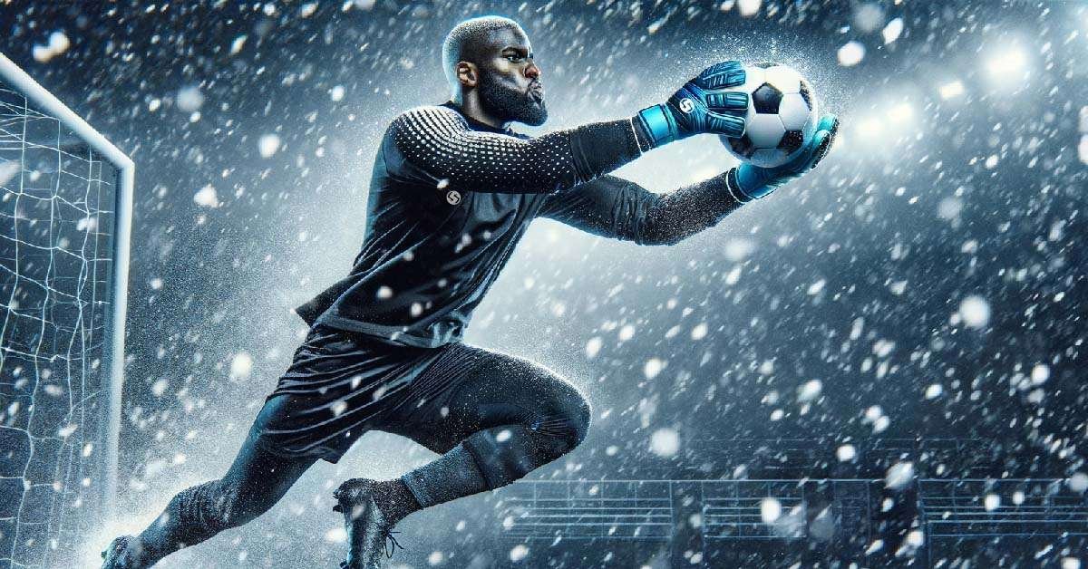 Cold Weather Goalkeeping in snowy conditions, illustrating techniques for cold weather play.