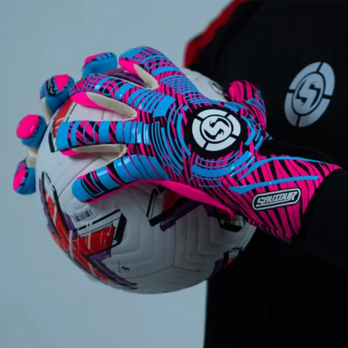 Sleek Saviour GK Evo-Neg goalkeeper gloves in eye-catching blue and pink, enhancing game performance back in stock
