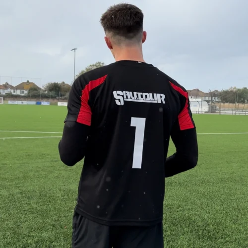 Black goalkeeping t-shirt on a goalkeeper, showcasing a stylish and functional design.