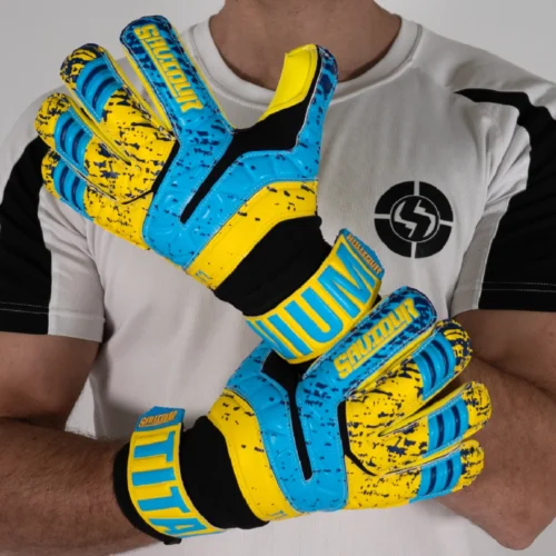 Pro-level goalkeeper gloves in blue and yellow with roll finger design and finger saves.