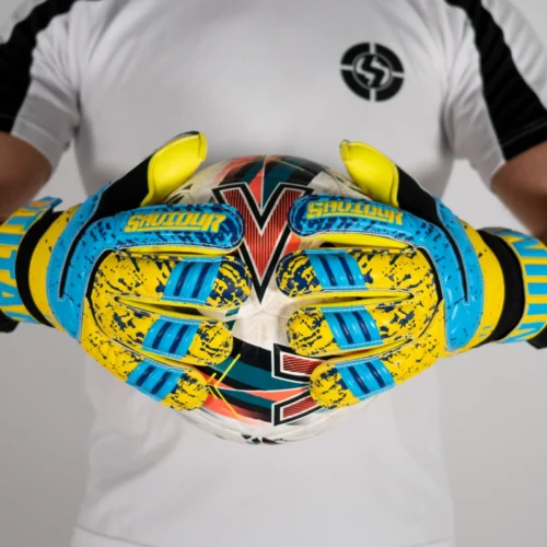 Yellow rollfinger soccer goalkeeper gloves, combining style with finger protection features.