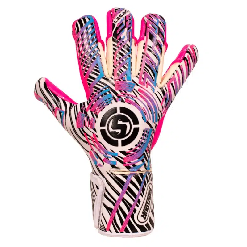 Pink and blue junior goalie gloves with finger protection and negative hybrid palm