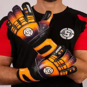 Front view of orange and purple keeper gloves soccer.