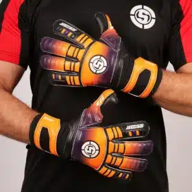 Durable orange and purple goal keeper gloves for youth training.