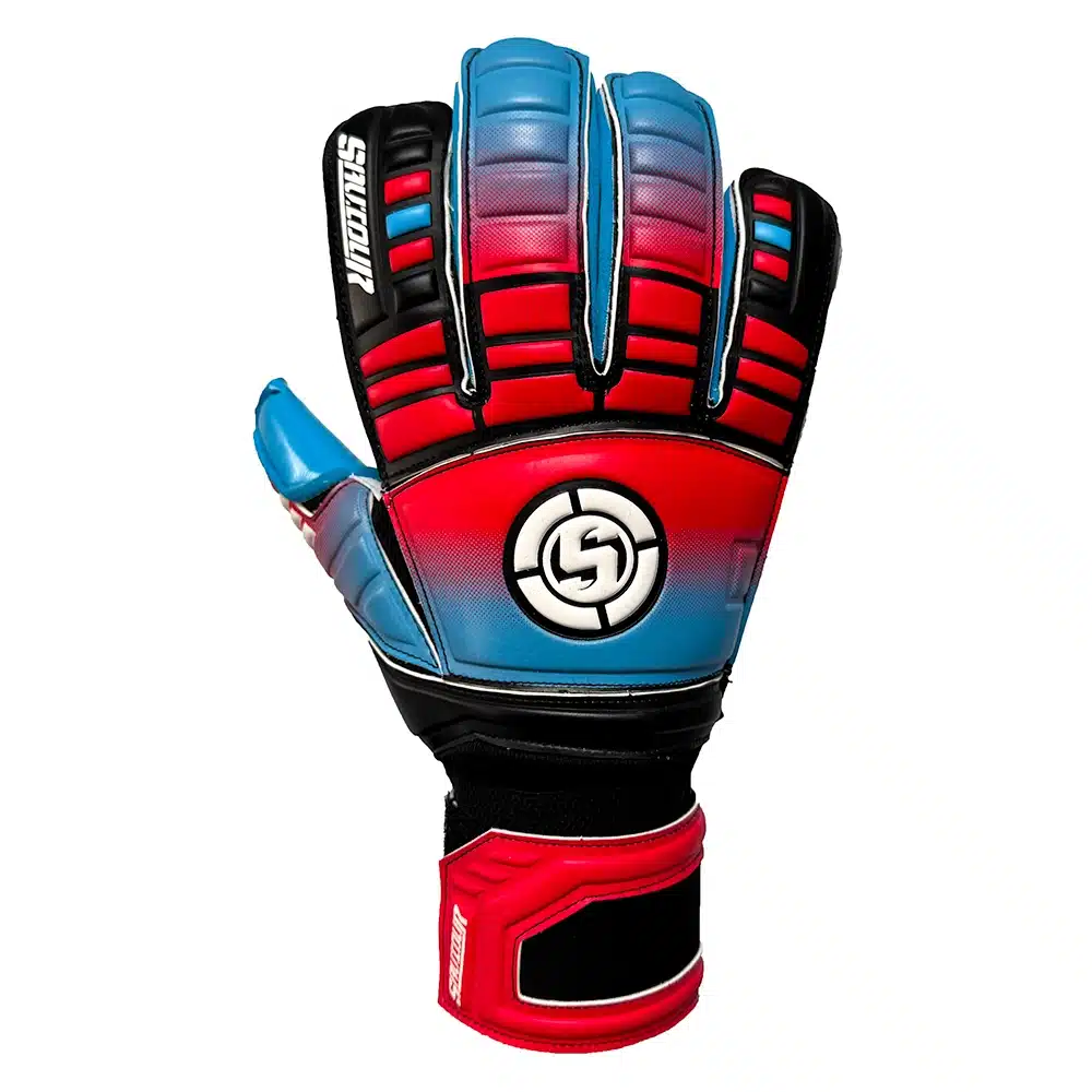 Titan soccer goalkeeper gloves with pro latex grip and secure wrist strap, designed for powerful saves and all-weather control.