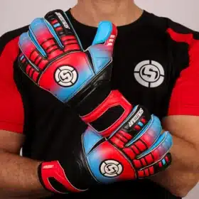 Front view of blue and red soccer goalkeeper gloves.