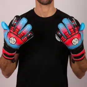 Blue and red soccer goalkeeper gloves showing wrist strap and finger protection details.