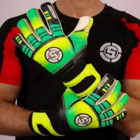 Front view of yellow and green soccer GK gloves.