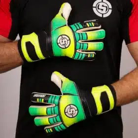 Durable yellow and green soccer GK gloves for youth and adult training.