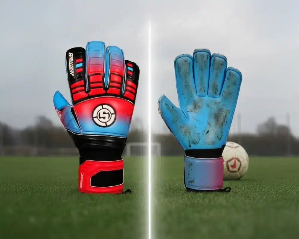 A split-screen comparison on a soccer pitch showing a pristine pair of new goalkeeper gloves with vibrant red and blue colors on the left, contrasted against a heavily worn, dirty blue latex glove palm on the right, illustrating the visual signs of grip degradation.